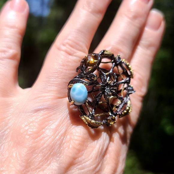 Larimar Citrine & Topaz Sterling & Gold Spiderweb 🕸 🕷 Spider ring sz8 - Picture 4 of 8